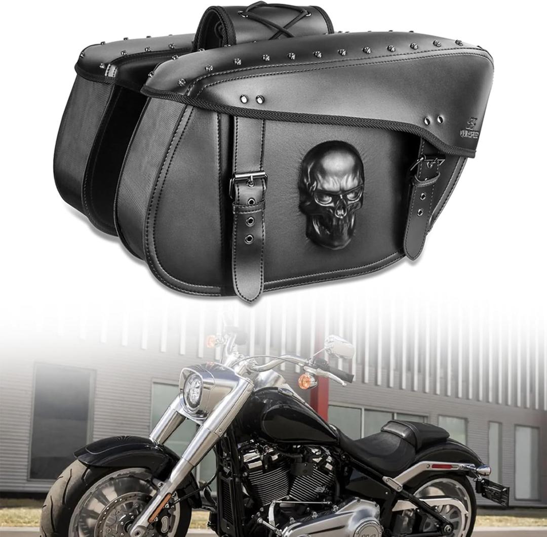 Motorcycle Saddlebags 32L Large Capacity PU Leather Side Saddle Bags Waterproof Hard Saddle Bags Universal for Harley Honda Yamaha Bobber Sixty Kawasaki (3D Skull,Black)