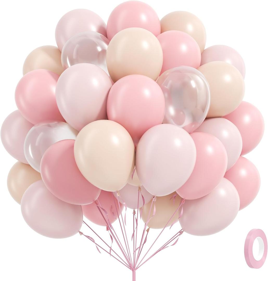 60pcs Light Pink Balloons 12inch with Pastel Pink Nude Clear Balloons for Gender Reveal Baby Shower Birthday Party Decorations