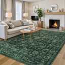LIVEBOX Non-Slip 9 X 12 Area Rug, Washable Dark Green Rugs for Living Room, Soft Vintage Floral Boho Rugs for Bedroom, Non-Shedding Large Area Rug for Dining Room, Home Office, Dark Green