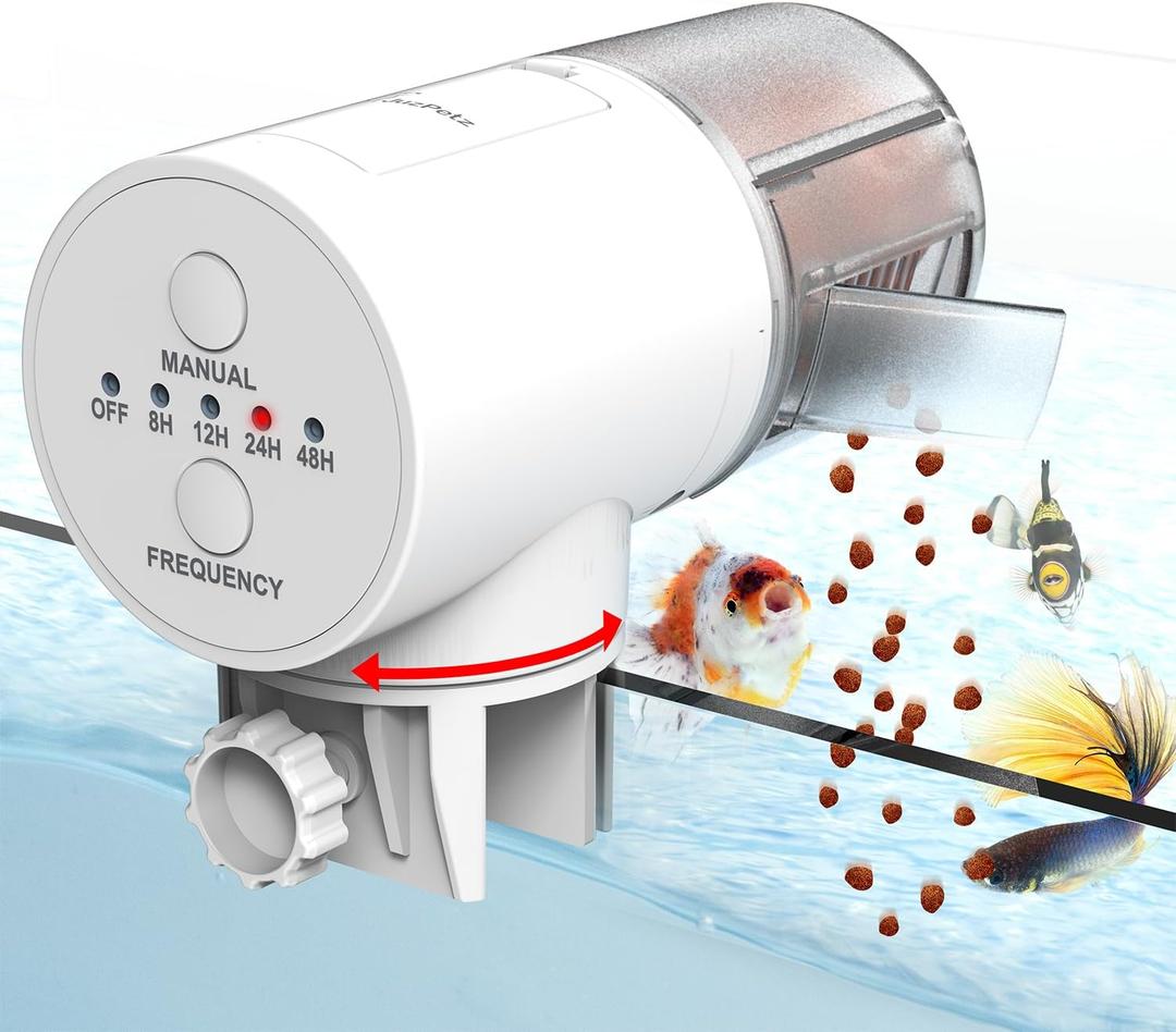 Automatic Fish Feeder Dispenser for Aquarium, 200ml Large Capacity Auto Turtle Fish Feeder for Small Tank, Battery Powered Food Feeding Timer for Flakes Pellet Vacation, Batteries Included (Button)