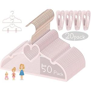 Pink Heart Velvet Baby Hangers - 50pack 13inch Toddler Hangers with 20pcs Clips, Premium Velvet Strong and Durable Baby Clothes Hangers Without Slipping, Ultra Slim and Stackable Space Saving