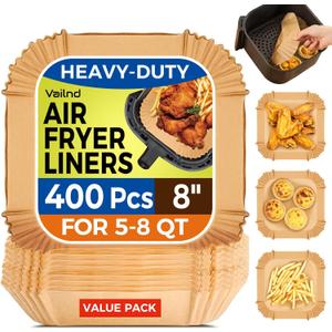 400 Pcs Air Fryer Paper Liners, 8" Square Air Fryer Liners Disposable, Heavy-Duty Parchment Paper for 5-8 qt Airfryer Basket, Non-Stick & Grease-Proof Baking Liner for Oven Pan