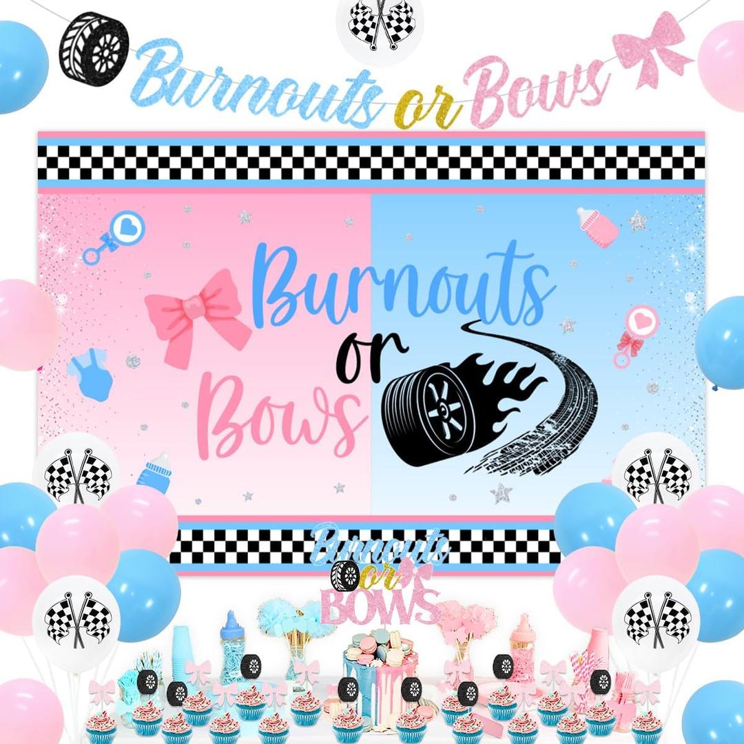112 Pcs Burnouts or Bows Gender Reveal Decorations Set, Burnouts Bow Foil Balloons Arch Banner Gender Reveal Cake Topper Pink and Blue Balloons Foil Curtains for baby Shower Party Supplies