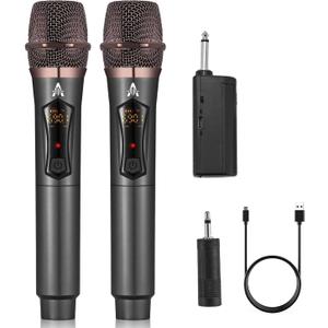 ALPOWL Wireless Microphones, Metal Dynamic Microphone System with Rechargeable Receiver, 50H Duration, 200ft Range, Microphone for Karaoke Singing, Wedding, DJ, Party, Speech, Church (Gray)