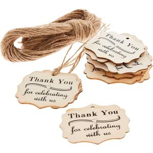 100-Pack Wood Thank You Tags with Twine for Wedding and Baby Shower Party Favors, 1.8 x 2.3 Inches