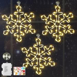 Hiboom 3 Pack Christmas Window Lights, 12 Inch Snowflake Lighted Decorations Wrapped with LED String Lights, 8 Modes Battery Powered Christmas Window Light for Xmas Indoor Decor (Warm White)