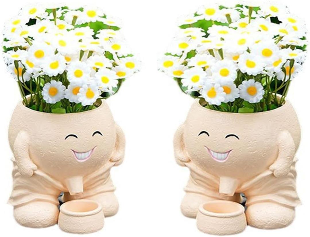 2 Pcs Creative Flowerpot Face Planter, Naughty Boy Plant Face Pot with Drainage Holes for Indoor Outdoor, Succulent Pot, Funny Flower, Gift for Friends and Family Khaki