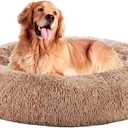 DUMOS 37.4x37.4 Inch Calming Donut Dog Beds for Large Dogs, Machine Washable Cuddler Warming Cozy Fluffy Faux Fur Plush Round Pet Bed, Anti-Slip Bed for Indoor Dogs and Cats, Brown