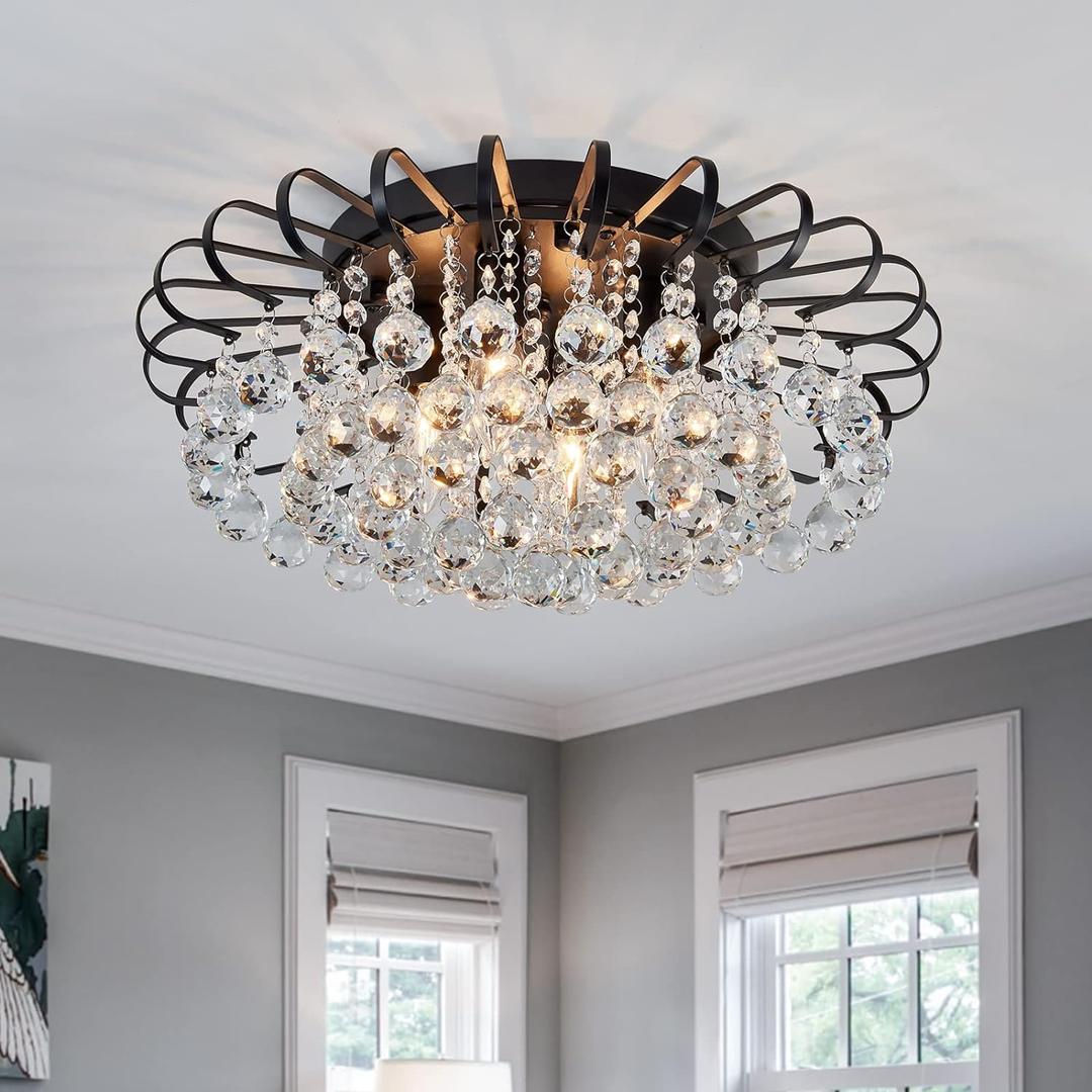 CVKASH Crystal Floral Chandelier 4-Light Antique Modern Black Flush Mount Raindrop Crystal Ceiling Lighting Fixture Chandelier for Living Room Bedroom Dining Room Entryway D17.71 H8.26 (17.9 Inch)
