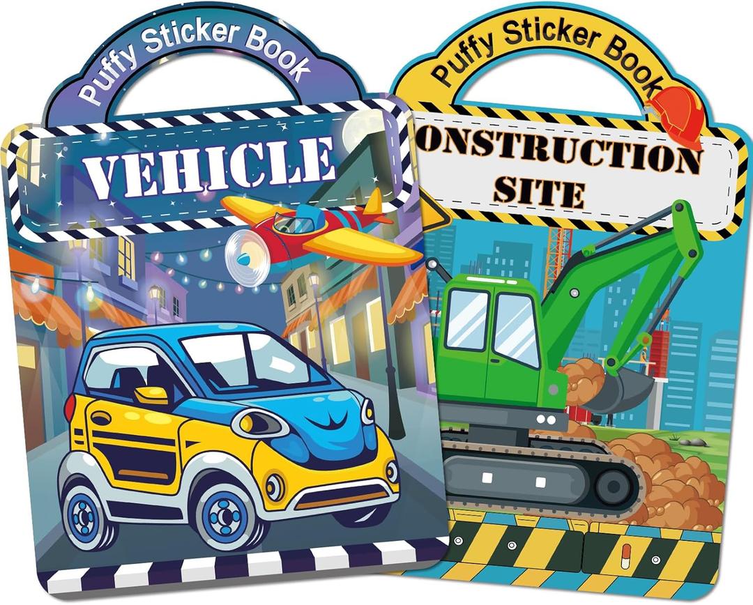 Elfew 1 Pack Puffy Sticker Books for Kids Ages 3-5, Construction Truck and Vehicle Car Stickers for Toddlers Boys, 3D Reusable Stickers Books for Toddlers, Activity Book for Boys Party