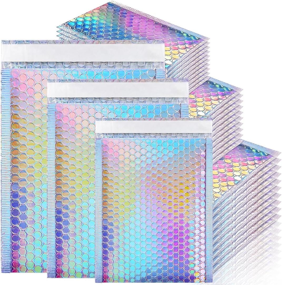 Bubble Mailers, 50 Pack Holographic Bubble Mailers with 3 Sizes, Waterproof Self Seal Adhesive Foil Glitter Glamour Shipping Bags for Mailing, Packing, Small Business, Jewelry Makeup Supplies