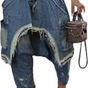 LETSVDO Womens Baggy Harem Jeans Elastic Waist Wide Leg Barrel Cargo Patchwork Ripped Hippie Cropped Denim Jogger Pants (Small, Blue)