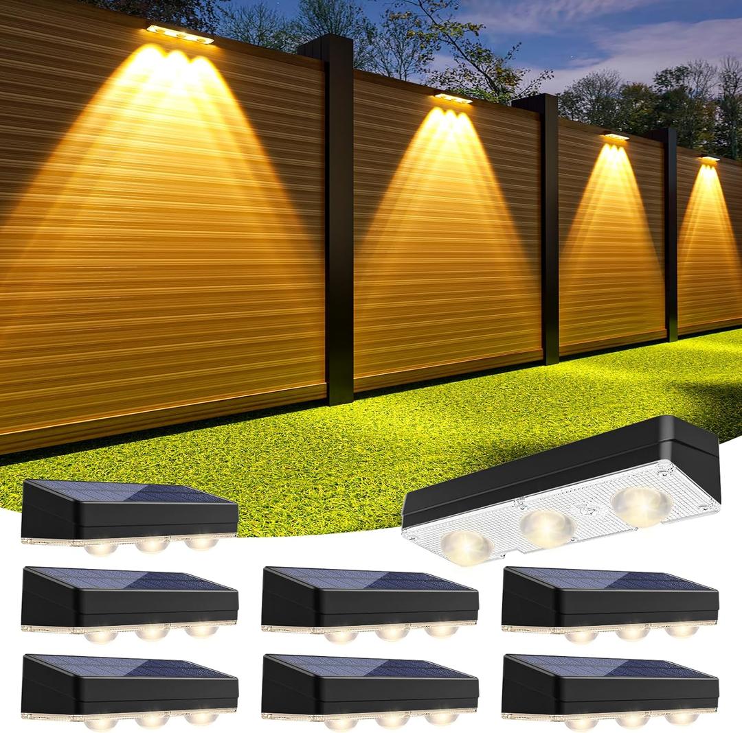 JOFIOS Solar Fence Lights Outdoor,1300mAh,Warm/Natural/Cool White,IP65 Waterproof,6 inch Fence Lights Solar Powered,Solar Lighting for Deck, Backyard, Railing(8Pack Black)