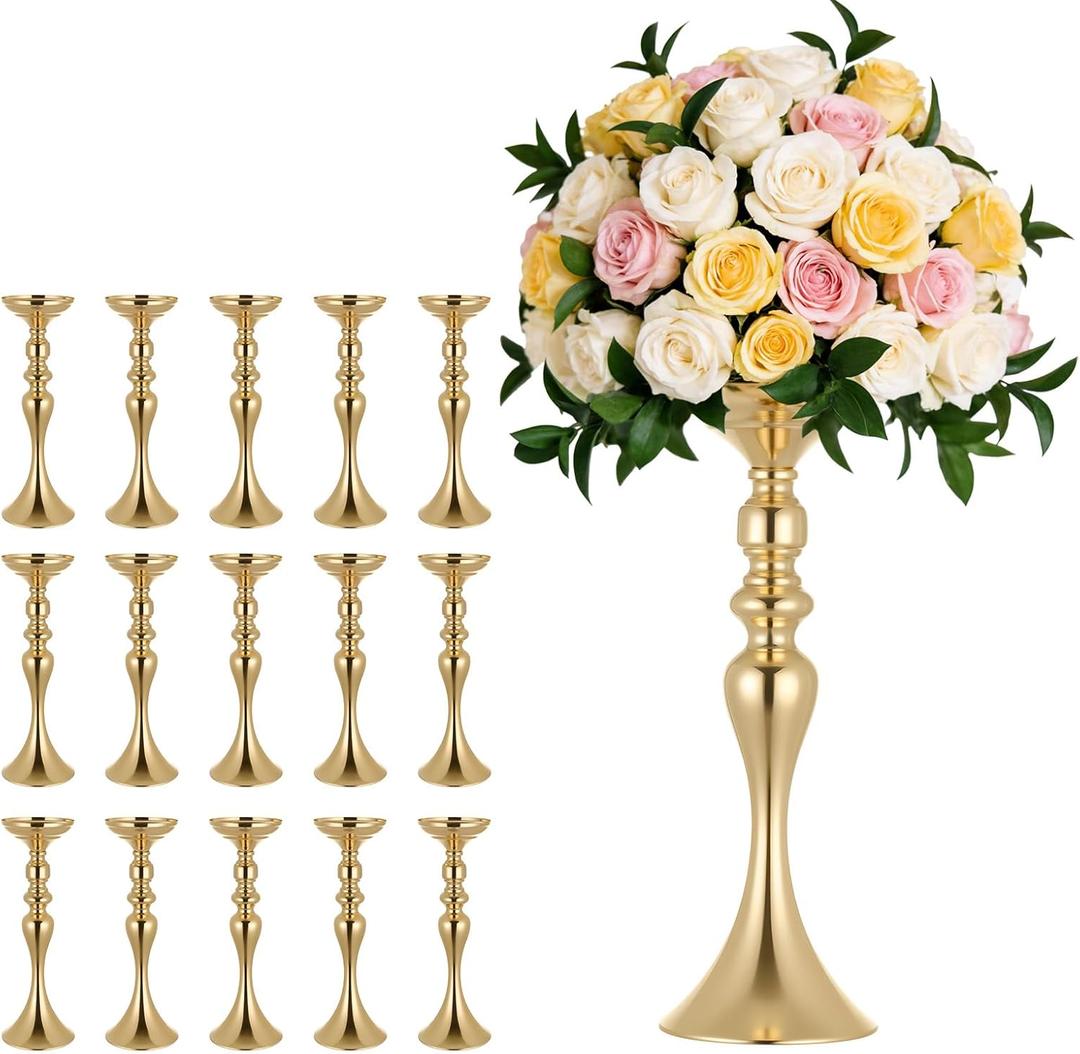 VEVOR 16 PCS Wedding Flower Vase, 15 in Tall Flower Table Centerpieces, Crystal Banquet Vases Easy Installation, Electroplated Versatile Arrangement Stand for Party Events Home Decor Reception, Gold