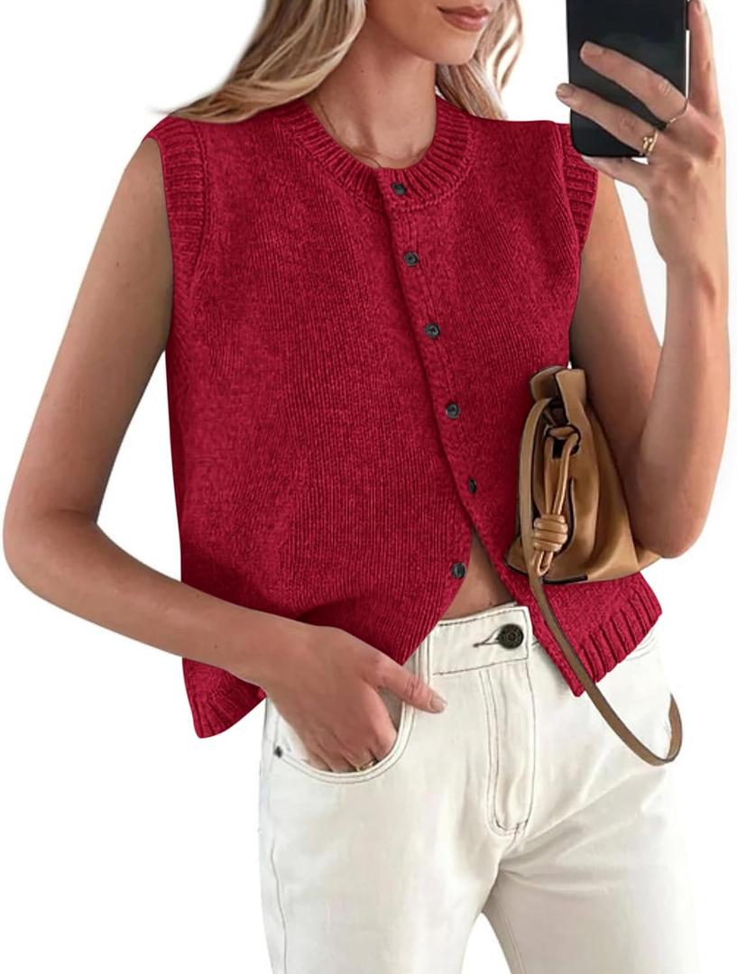 PRETTYGARDEN Sweater Vest Tops for Women 2026 Lightweight Summer Cardigan Sleeveless Button Up Knit Casual Spring Clothes (Medium, Wine Red)