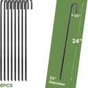 24 Set of 8 Ground Rebar Stakes Heavy Duty J Hook Ground Anchors, Curved Steel Plant Support Garden Stake with Chisel Point end, Hammer Through Hard Soil for Camping Tent - Black Powder Coated