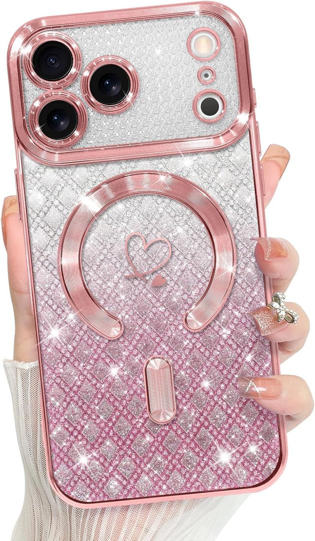Bonoma Compatible with iPhone 17 Pro Max Case 2025 Support for MagSafe, Plating Heart Glitter Magnetic Checkered Case TPU Camera Protection Back Cover for Girls Women -Pink