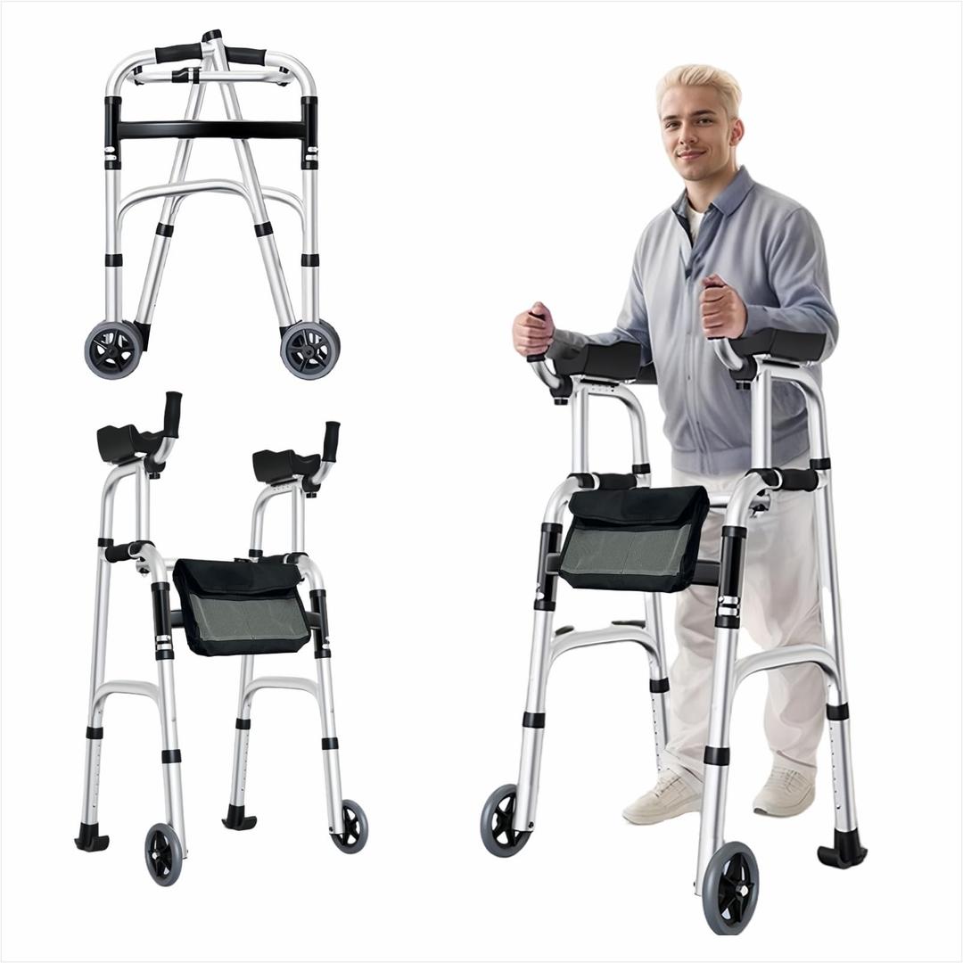 Folding Walker with Armrest Pad - Upright Walker for Seniors, Standing Mobility Aid for Indoor & Outdoor, 300lb Weight Capacity, Height Adjustable (Silvery)