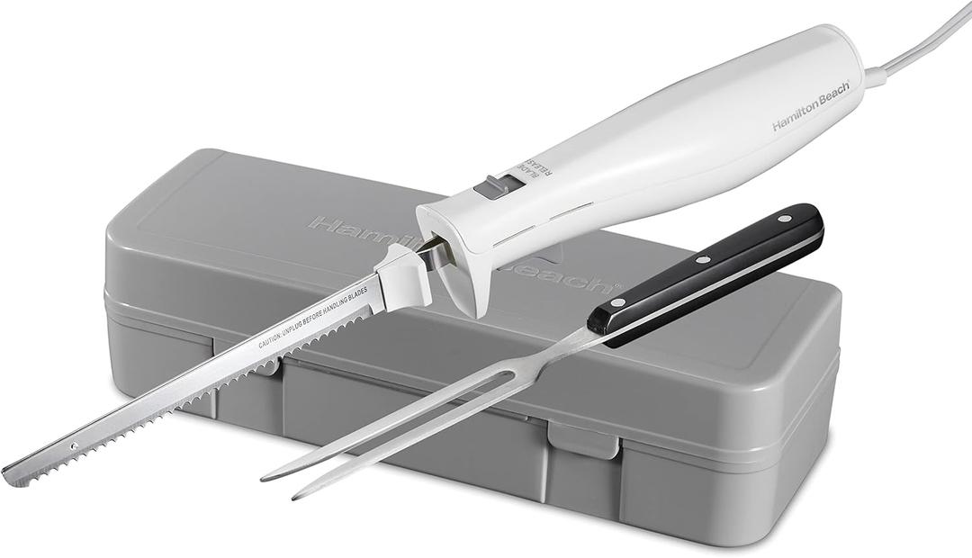 Hamilton Beach Electric Knife Set for Carving Meats, Poultry, Bread, Crafting Foam & More, Reciprocating Serrated Stainless Steel Blades, Ergonomic Design Storage Case + Fork Included, 5 Foot Cord