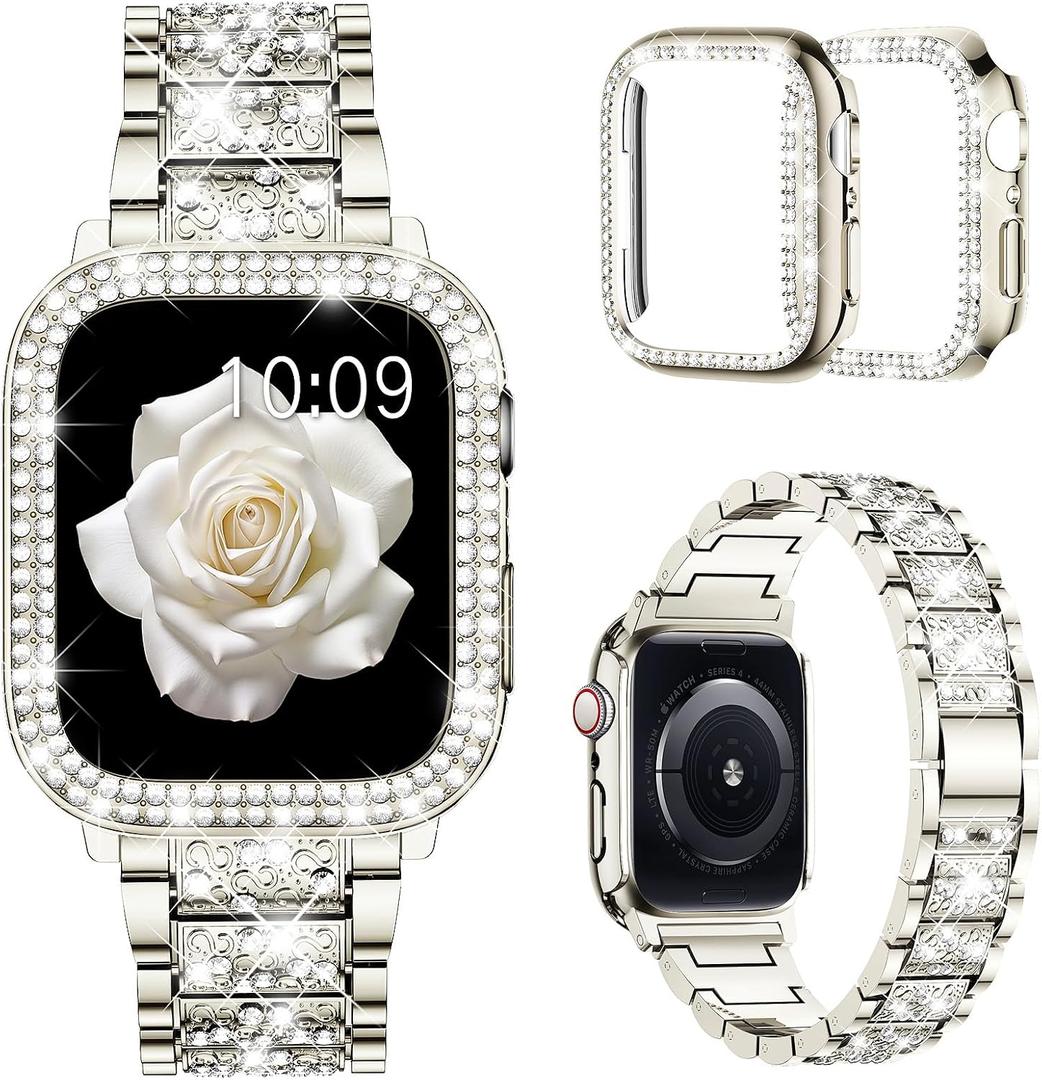 Mosonio Compatible with Apple Watch Band 38mm 40mm 41mm 42mm 44mm 45mm 46mm 49mm with 2 Pack Case Women, Jewelry Replacement Metal Bands Strap with Bling PC Protective Case for iWatch Ultra SE Series 11/10/9/8/7/6/5/4/3/2/1