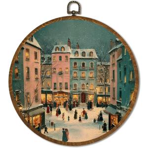 Vintage Snowy Village Wall Art Decor 10x10Inch, Vintage Winter Holiday Scene Circular Wall Art Framed Canvas Print Decor, Snowy Holiday Village Wall Art Decor for Christmas (Winter)