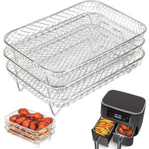 BYKITCHEN Air Fryer Rack for Ninja Dual Airfryer, 3pcs Stackable Stainless Steel Dehydrator Rack, Rectangle Double Air Fryer Accessories, Ninja Dual Airfryer Accessories (7.5*5.1*3.5in-3 layer rack)