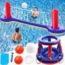Jasonwell Pool Toys Games Set - 3 in 1 Pool Volleyball Net Basketball Hoop Ring Toss Game Inflatable Floats Water Floating Volleyball Swimming Pools Party Game Accessories Toy Gift Kids Teens Adults (Blue&red)