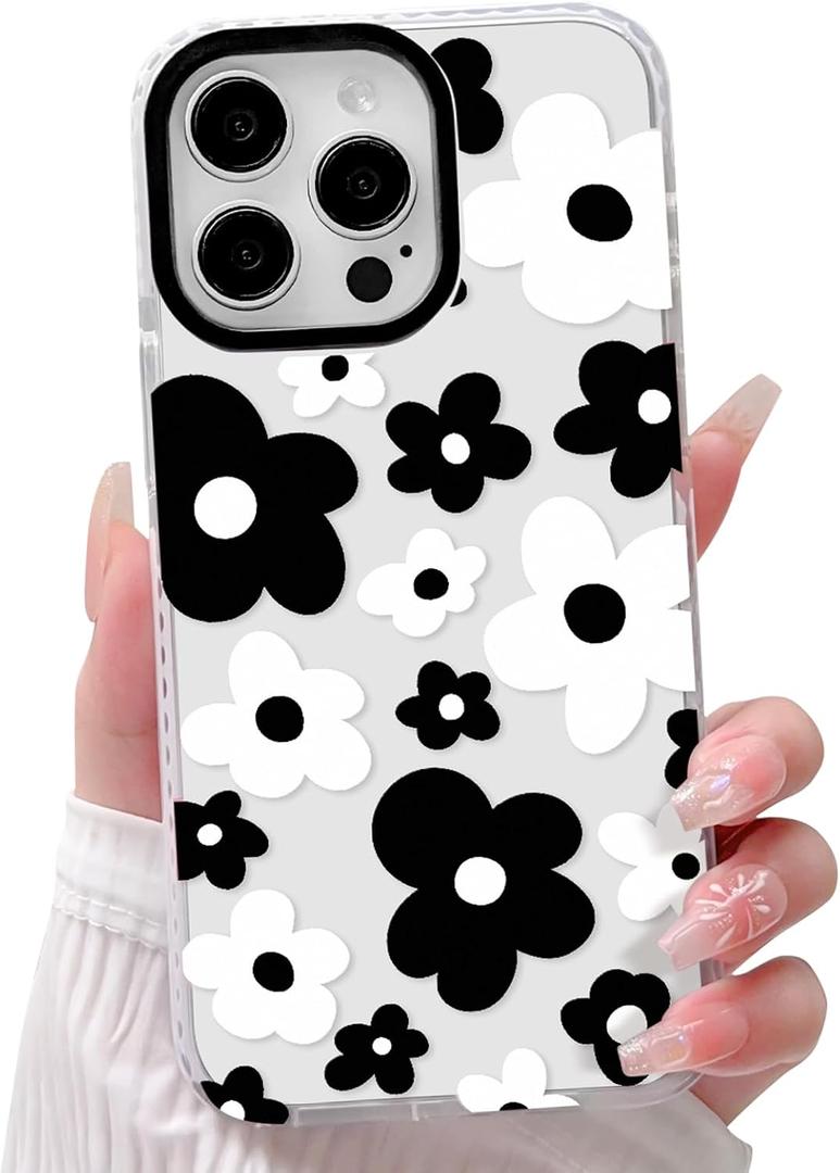 NITITOP Compatible with iPhone 15 Pro Max Case Cute Clear for Women Girls Black Flower Floral Pattern Ultra Slim with Bumper Protector Soft TPU Anti-Yellow Protective Phone Cover - Black