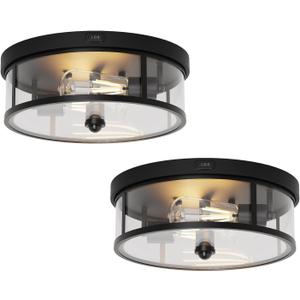 2Pack Outdoor Flush Mount Ceiling Light 12.5In - Motion Sensor Porch Light, 2-Light E26 Socket, Durable Iron & Clear Glass, Light Fixtures for Porch, Driveway, Covered Patio, Farmhouse