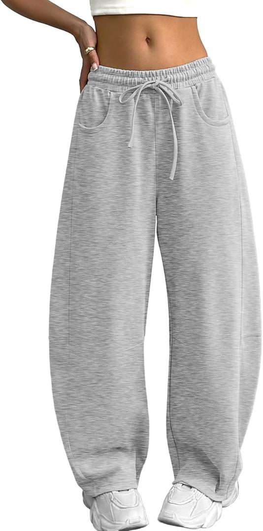 ELLEVEN Women's Cotton Barrel Leg Sweatpants with Elastic Waist, Drawstring, and Pockets  Casual Baggy Joggers (Gray, L)