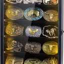 Belt Buckle Display Case, 5 Belt Buckle Holders Included, 17x12 Black Shadow Box with LED Light, Wall-Mounted Men's Belt Clip Storage Box, Lockable