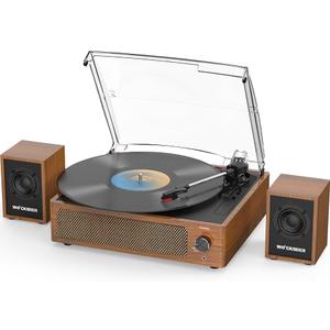 Record Player with External Bookshelf Speakers Belt-Drive Vintage Turntable for Vinyl Records Passive Dual Stereo Speakers LP Players 3 Speed Wireless AUX Headphone Input Auto Stop Retro Brown Wooden