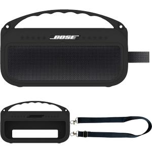 JCHPINE Silicone Cover Case for Bose SoundLink Flex Bluetooth Portable Speaker Accessories, Silicone Skin for Bose SoundLink Flex Speaker Shoulder Strap(Upgraded Black Case)