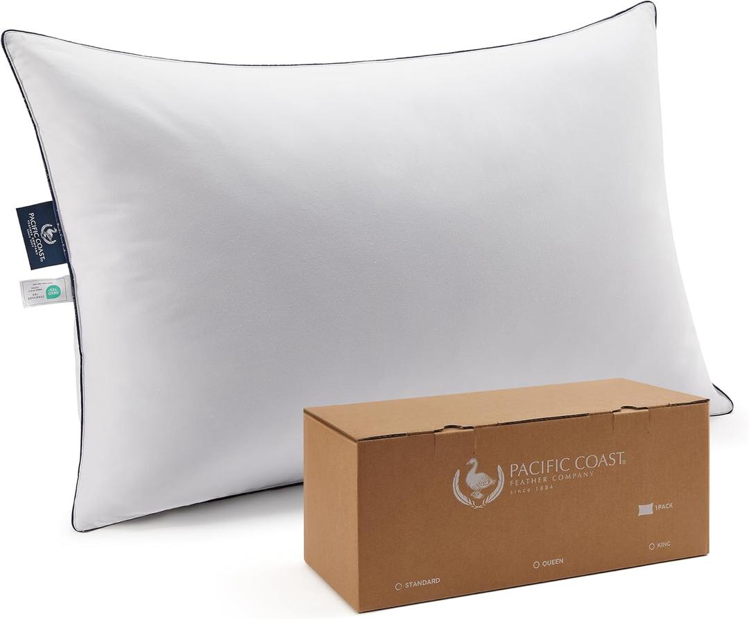 Pacific Coast Bed Pillow, Hotel Collection Goose Feather Down Pillow for Sleeping, Pillow with High Thread Count 100% Cotton Shell, Queen Size, White
