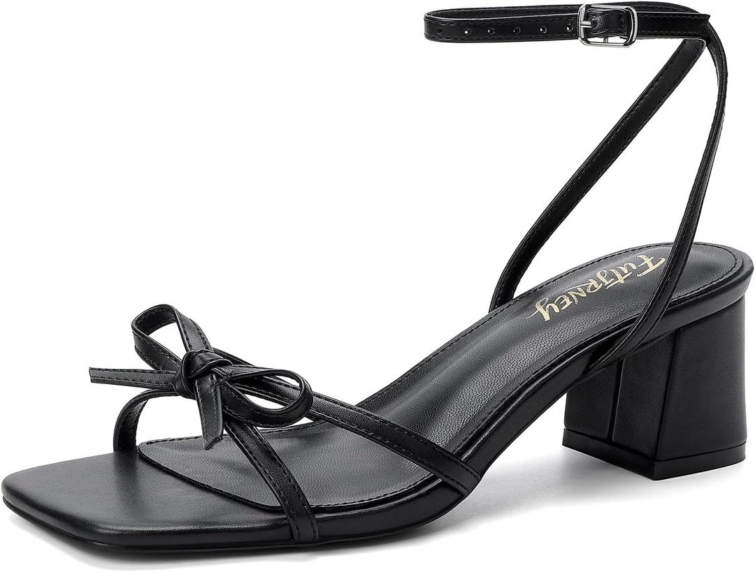 Women's Bow Strappy Heels Block Chunky Square Open Toe Low Heels Dress Sandals for Wedding Party, 8.5