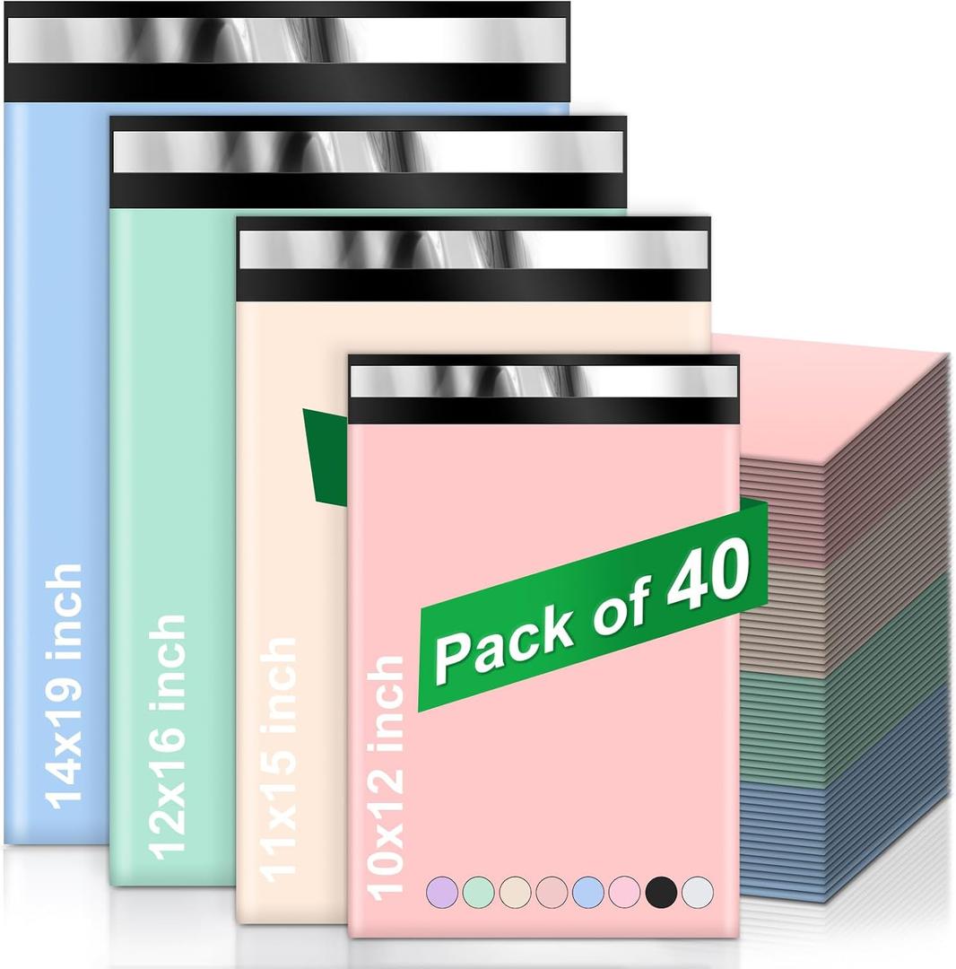 Oududianzi Multi Size Poly Mailers Variety Pack(10 Each: 14x19,12x15,11x15,10x13), 40Pack Assorted Size Shipping Bags, Mailers Poly Bags, Self-Seal Polymailers, Packaging Bags for Shipping