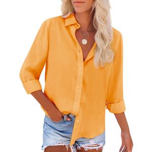 siliteelon Button Down Shirts for Women Dress Shirts Cotton Long Sleeve Collared Blouse Work Business Casual Tops (Yellow, XS)