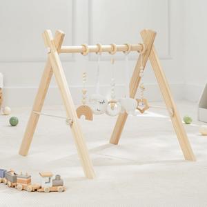 Comfy Cubs Wooden Baby Play Gym - Natural Finish Pinewood Baby Activity Gym with 5 Sensory Hanging Toys - Easy No-Tool Assembly, Safe and Durable for Infant Motor and Visual Development - Natural Wood