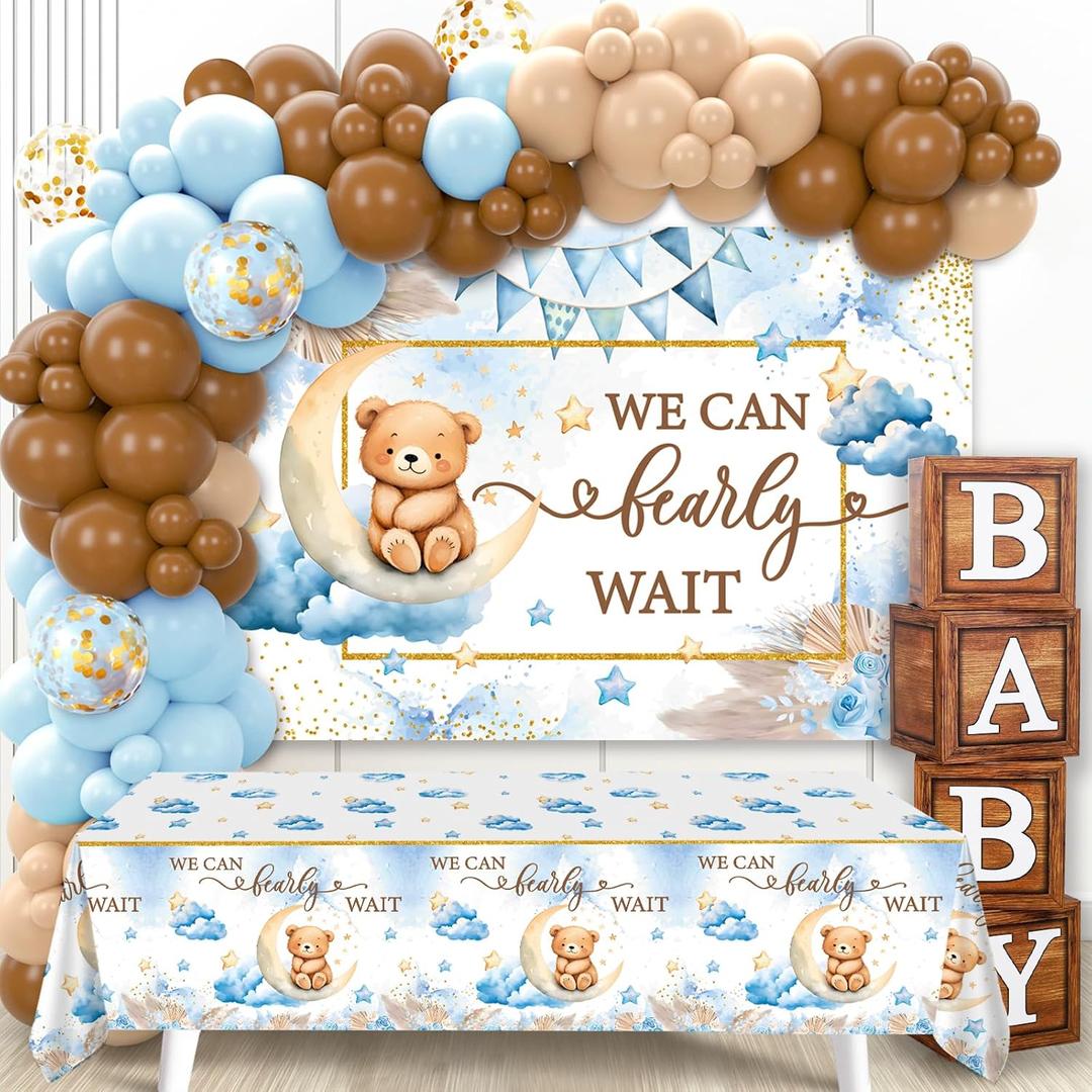 We Can Bearly Wait Baby Shower Decorations - Baby Boxes with Letters,Boho Balloons,We Can Bearly Wait Backdrop,Tablecloth for Teddy Bear Baby Shower,Birthday Supplies,Gender Reveal (Blue)