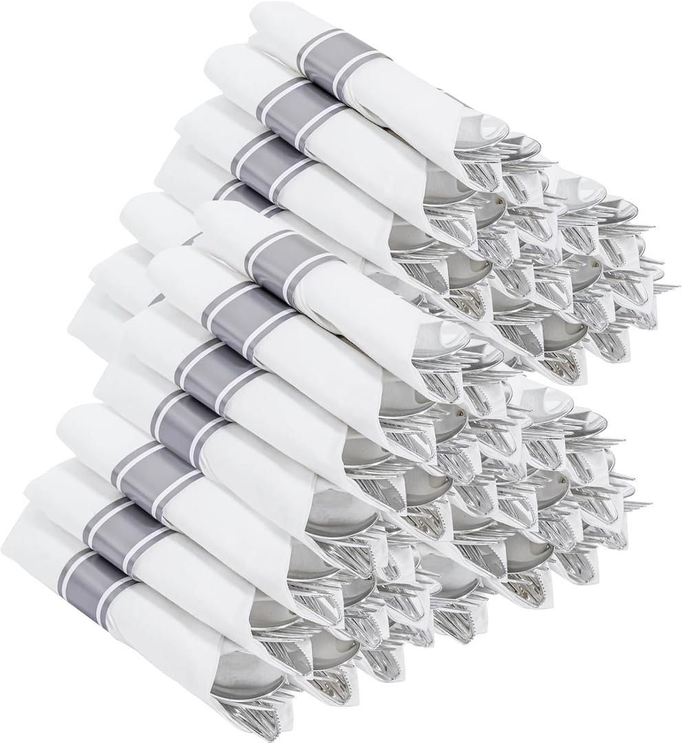 Joyido 400PCS Pre Rolled Silver Plastic Silverware Sets  Heavy Duty Silver Cutlery  Include 100 Pack Wrapped Disposable Utensils with Napkins for Parties & Dinners & Weddings