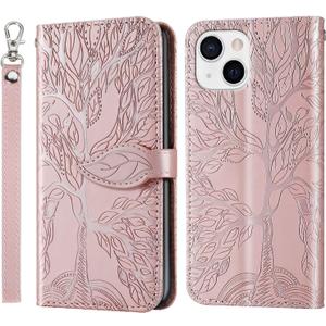 Wallet Case for iPhone 14 5G 6.1" 2022 with Card Holder,iPhone 13 PU Leather Flip Folio Shell Wrist Strap Stand Function Magnetic Closure Phone Cover fits iPhone 14 6.1 inch,Rose Gold