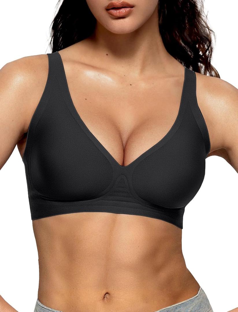 Vertvie Jelly Wireless Bras for Women Push Up Plunge Seamless T-Shirt Bras No Underwire Supportive Full Coverage Bralettes (Medium, Black)