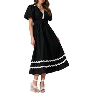 Womens V Neck Short Sleeve Boho Midi Dress Summer Wedding Guest Beach Party Long Dresses Black Small