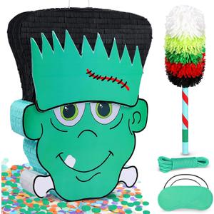 Large Halloween Green People Frank Pinata- Cute Monster Design - Piata Kit with Stick, Rope, Blindfold, Confetti for Halloween Parties & Kids' Events (21"  16.5"  3")