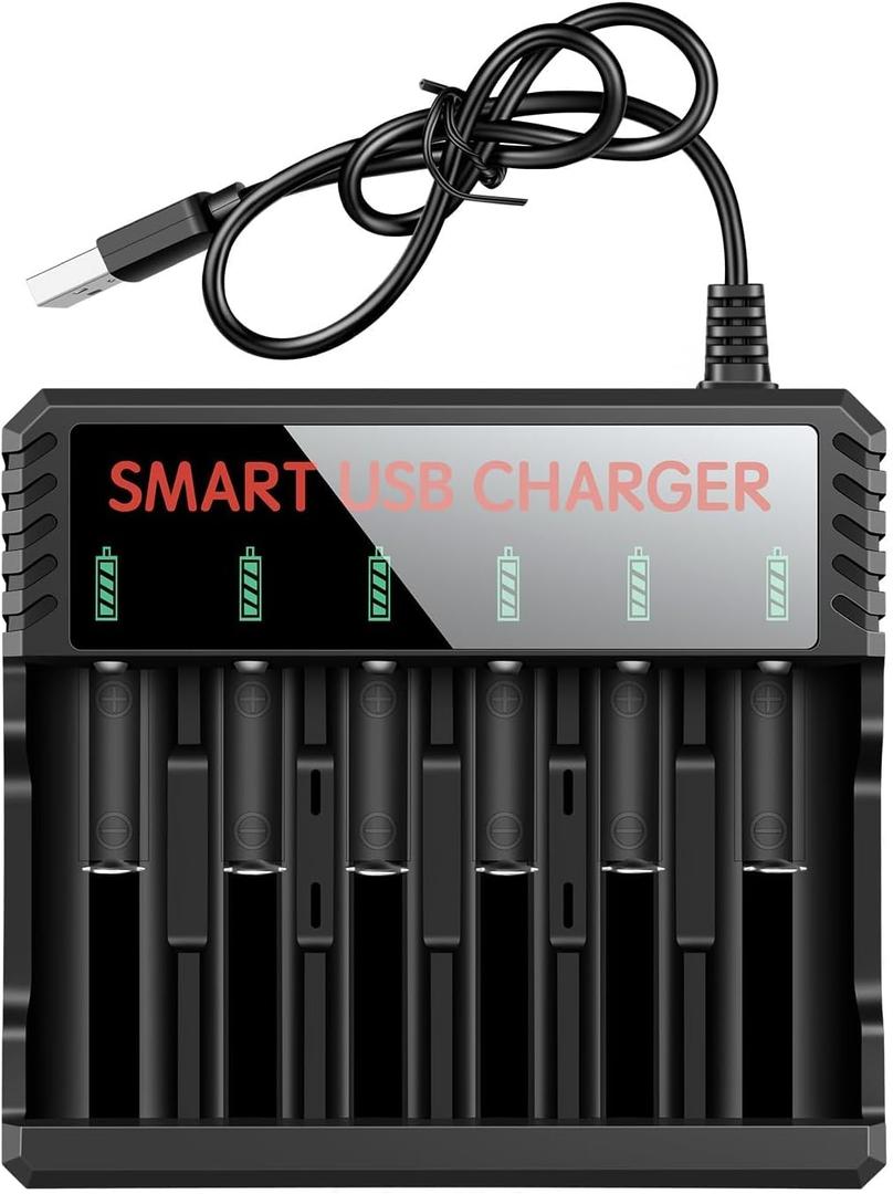 6 Bay 18650 Battery Charger Universal Charger for 3.7v Lithium Rechargeable Batteries Compatible 18650 26650 14500 16340(RCR123) 10440 17670 18490 17500 Lithium Battery Charger (USB Charger)