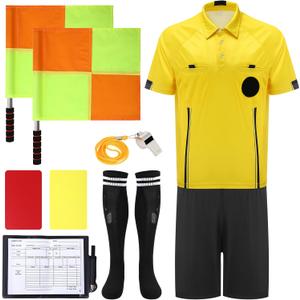 Soccer Referee Jersey, 7PCs Soccer Referee Kit, Referee Cards, Whistle, Socks, Flags, Soccer Referee Costume for Adult (Medium-Large, Yellow)