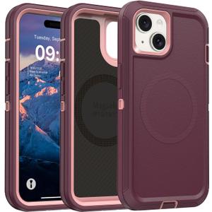 Magnetic Case for iPhone 13 Case/iPhone 14 Case/iPhone 15 Case, Heavy Duty Protective Phone Case, Shockproof Compatible with Magsafe Phone Cover for iPhone 15 6.1" Purple/Pink