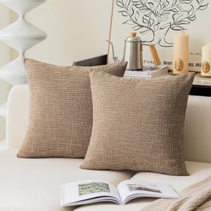 Set of 2 Textural Faux Linen Throw Cushion Pillow Covers Shams for Couch, Invisible Zipper, 23inches, Natural Linen