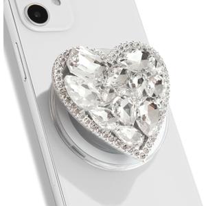 OnTheGrip Compatible with Magsafe Cute Cubic Diamond Heart Shape Design Collapsible Mobile Phone Grip Stand Holder for Smartphone Tablet Cell Phone Accessory (Silver Big)