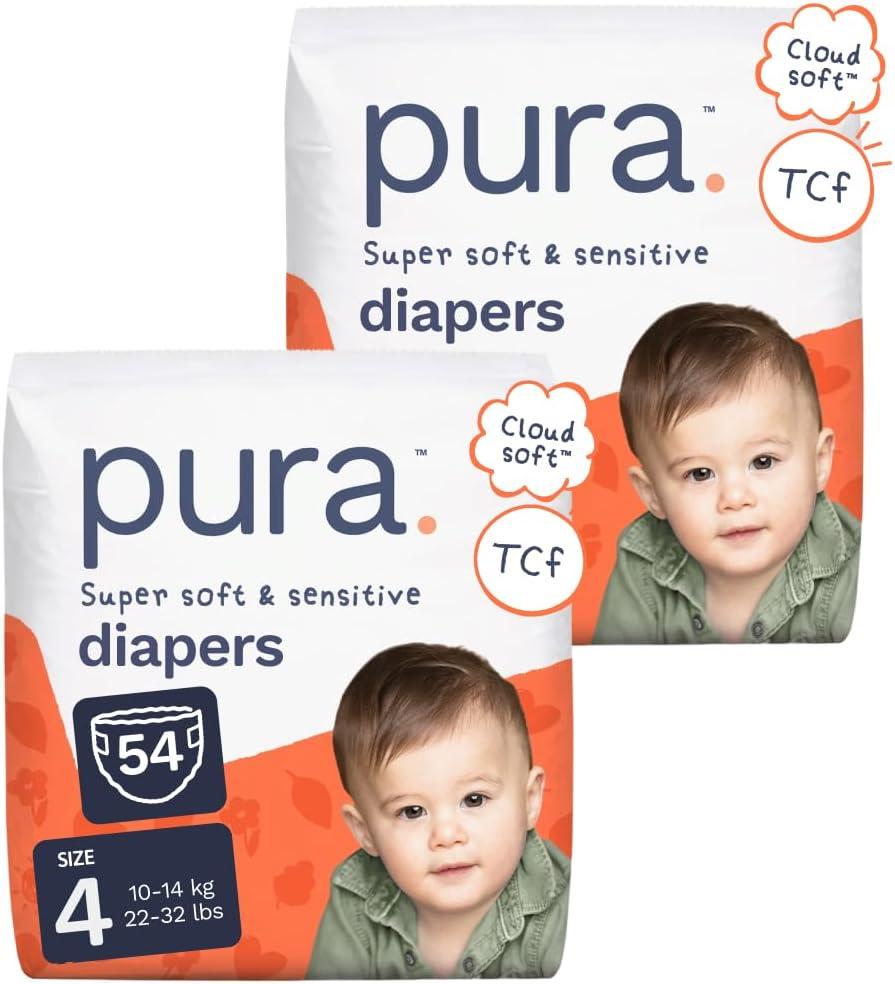 Pura Baby Diapers Size 4 (22-32 lbs) 54 Count Sensitive Skin | 12 Hour Leak Protection, New Blowout Blocker, Cloud Soft, Totally Chlorine Free*, Allergy UK Certified